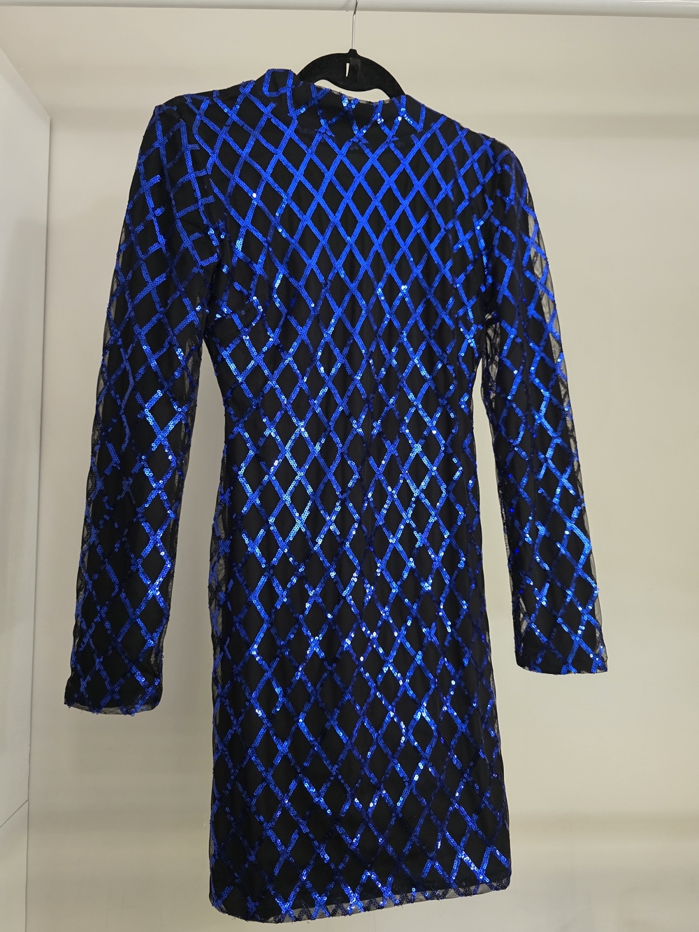 Black Dress with Shimmering Blue Lattice Sequin Pattern